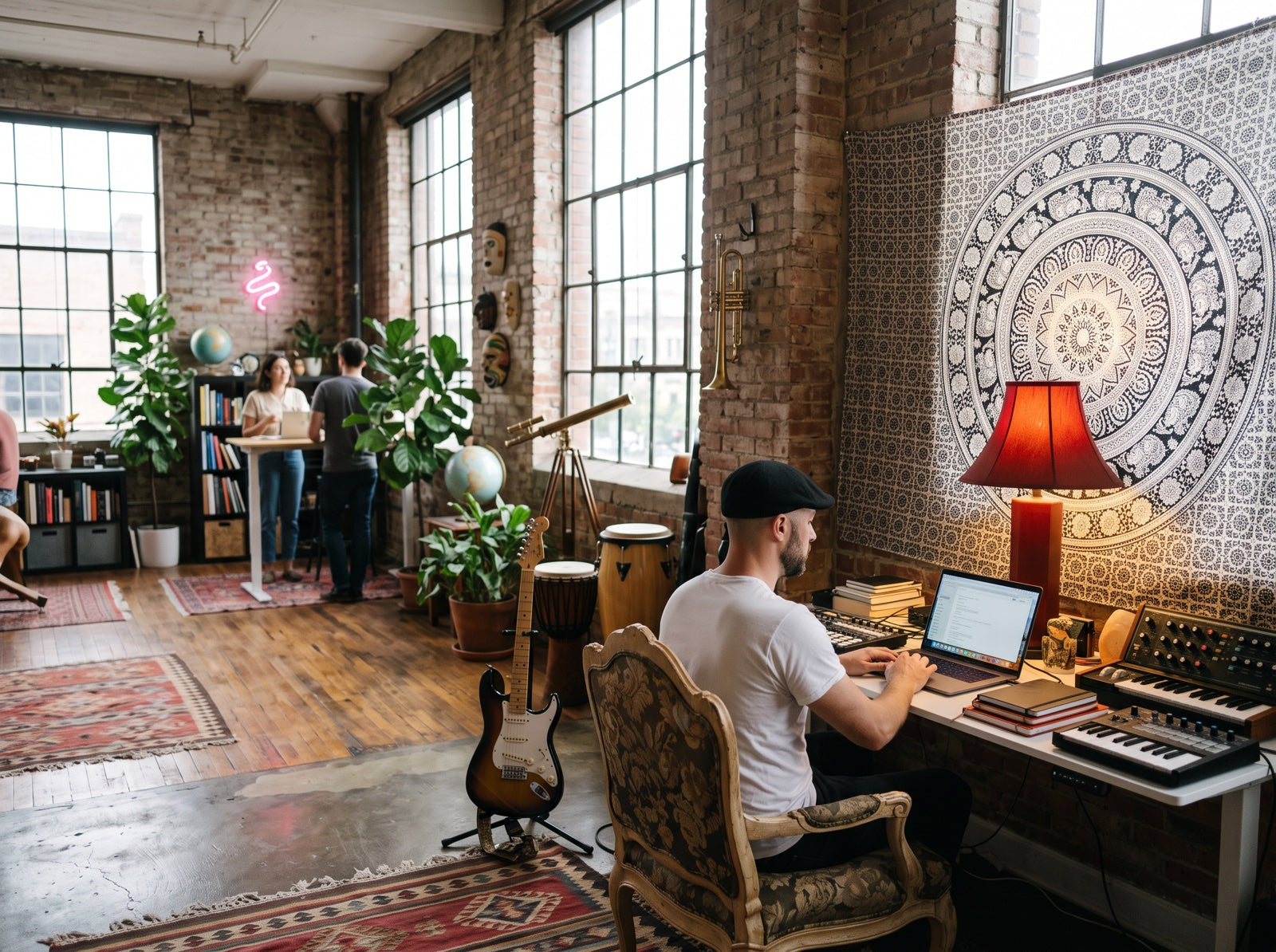 Alex at his desk in the Convert Lab studio, instruments and the team in the background
