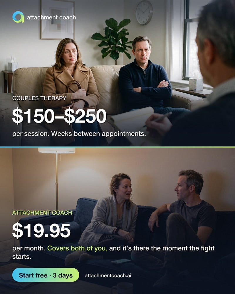 Attachment Coach ad comparing couples therapy cost to $19.95 a month