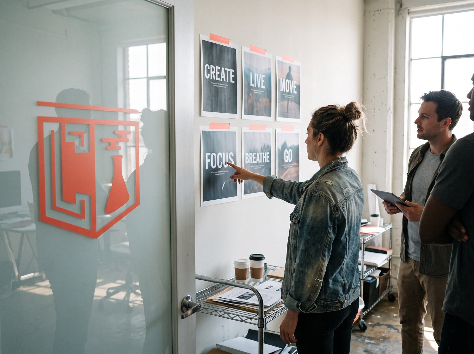 The Convert Lab team reviewing printed ad variants on the wall
