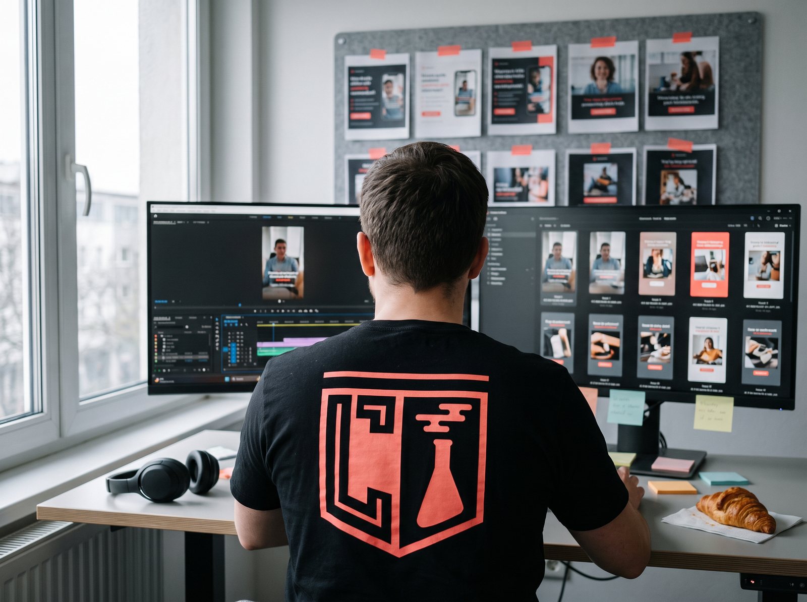 Designer building video and image ad variants at a dual-monitor desk